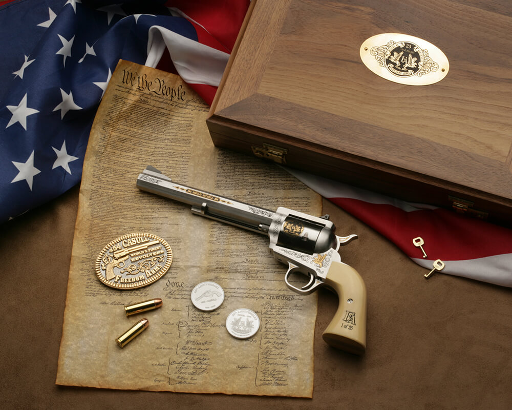 Gun Colt bullets 45 caliber display collector bill of rights American case flag illustration studio