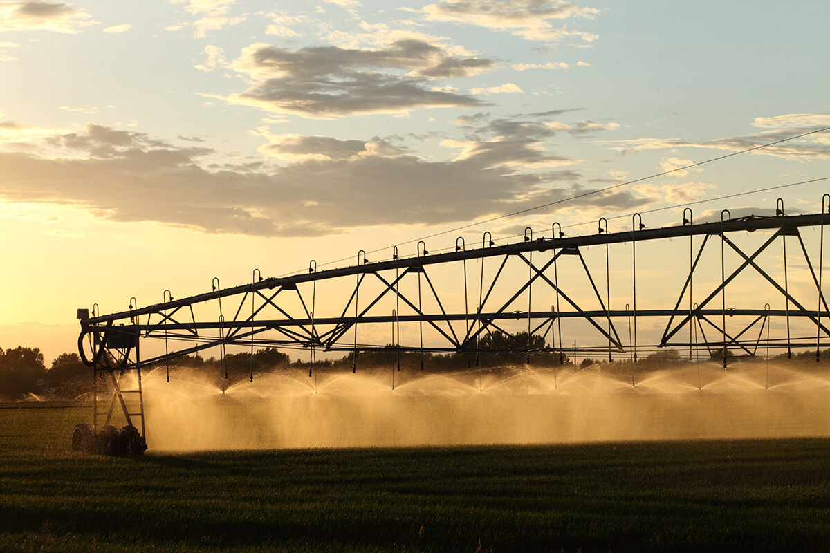 Idaho center pivot sunset watering agricultural fields backlight water sprinkler irrigation irrigating field end gun
