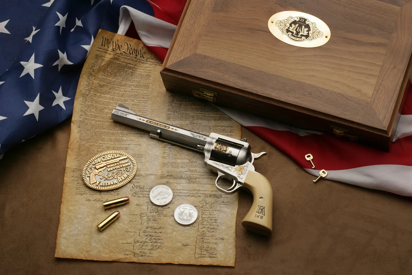 Gun Colt bullets 45 caliber display collector bill of rights American case flag illustration studio