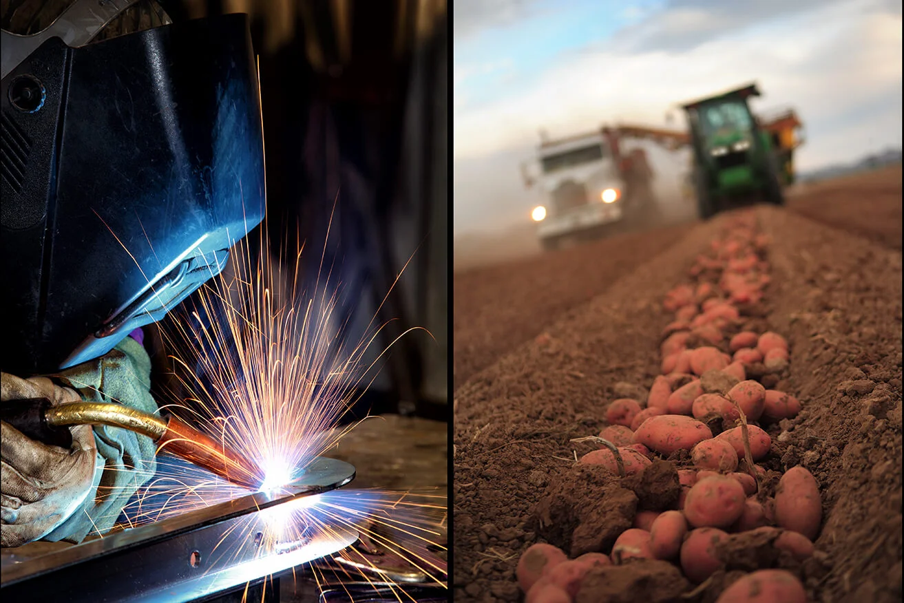 Interior industrial welder in a manufacturing plant, and a farmer harvesting potatoes with a tractor and combine