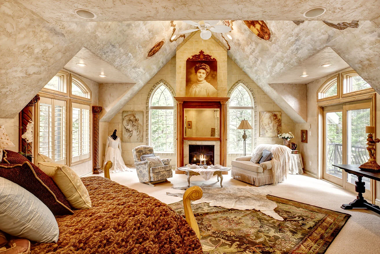 Interior architectural photograph of an eclectic style residential bedroom