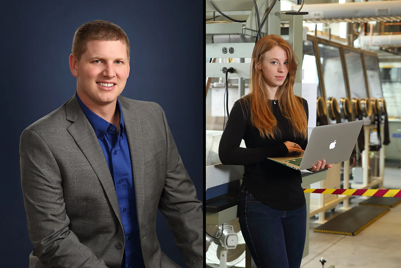 Studio headshot for business professionals, and on location professional portrait in office, factory, or laboratory